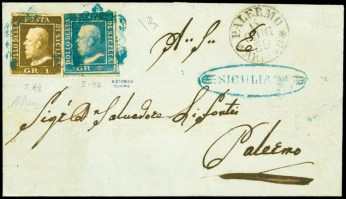 Lettera di Sicilia da Siculiana a Palermo 1 e 2 Grana (Sassone 3a + 7a) con Annullo a Ferro di Cavallo Azzurro