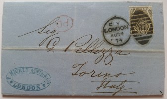 Regno Unito Lettera spedita da Londra per Torino 1874