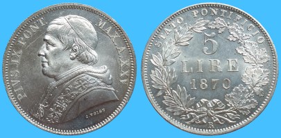 5 Lire 1870 Anno XXV Roma Pio IX Stato Pontificio